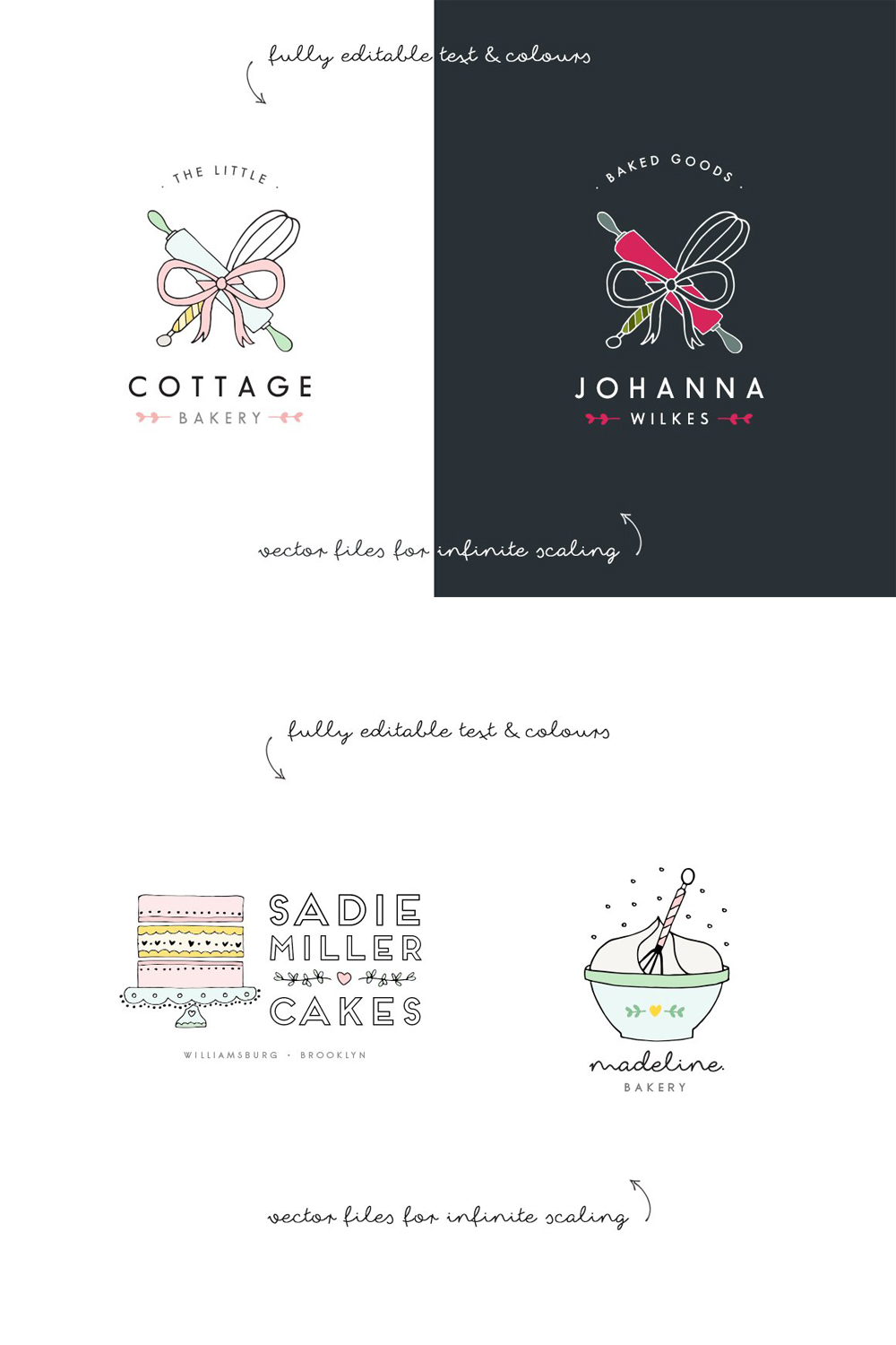 Two different bakery logos on white "Cottage Bakery" and black "Johanna Wilkes" backgrounds.