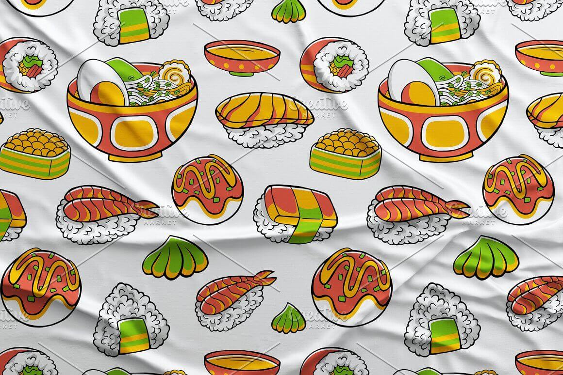 White fabric with Japanese food print.