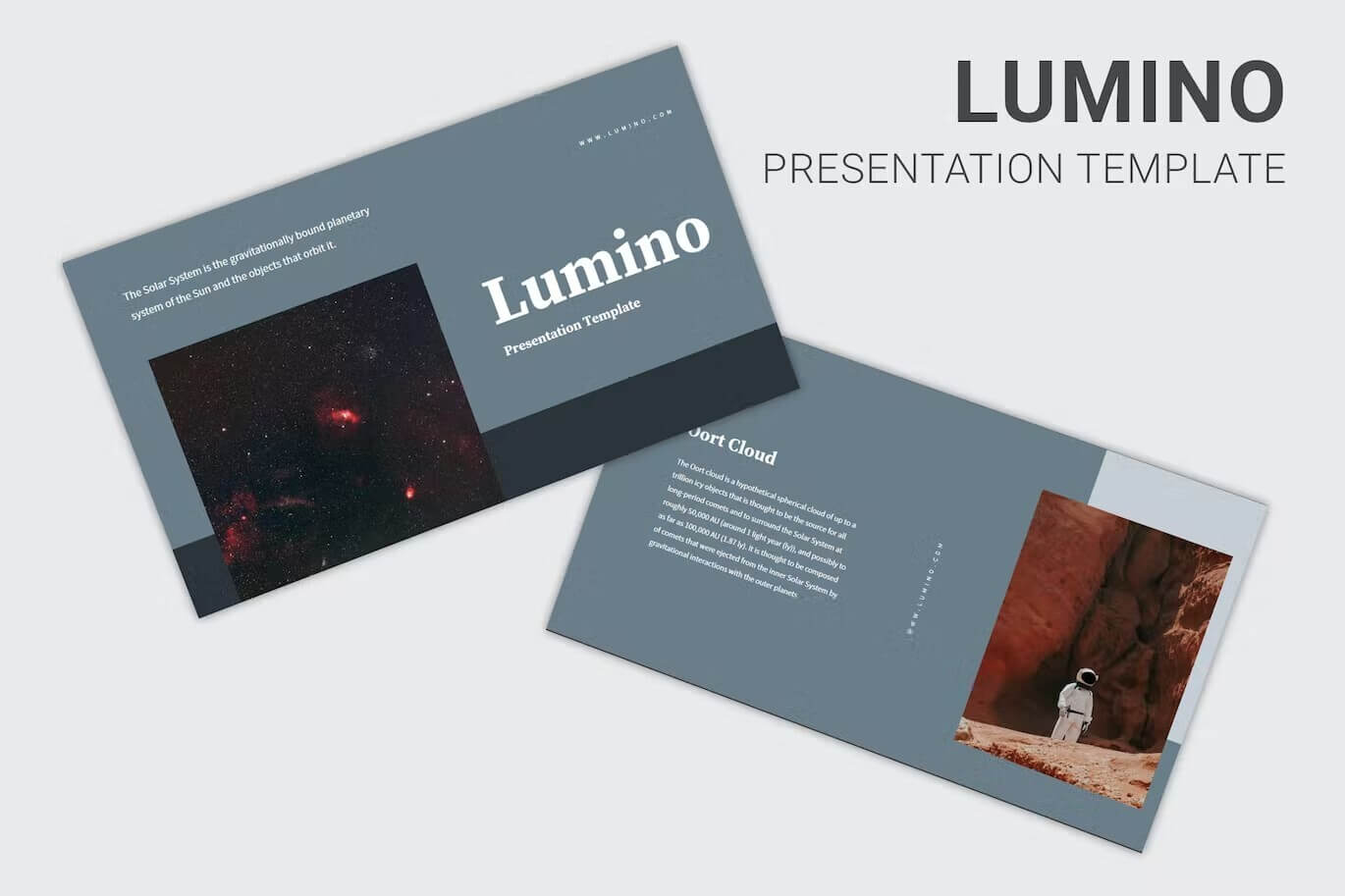 Two slides of Lumino presentation template on the blue and grey background.