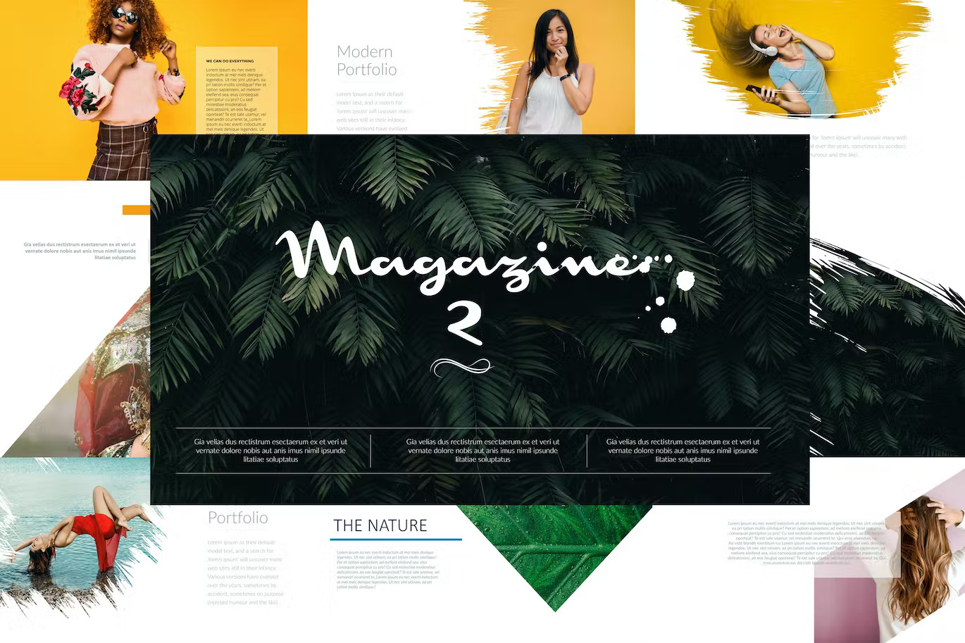 A huge PowerPoint template for Magazine 2 with a fern background in the shade and three pages.