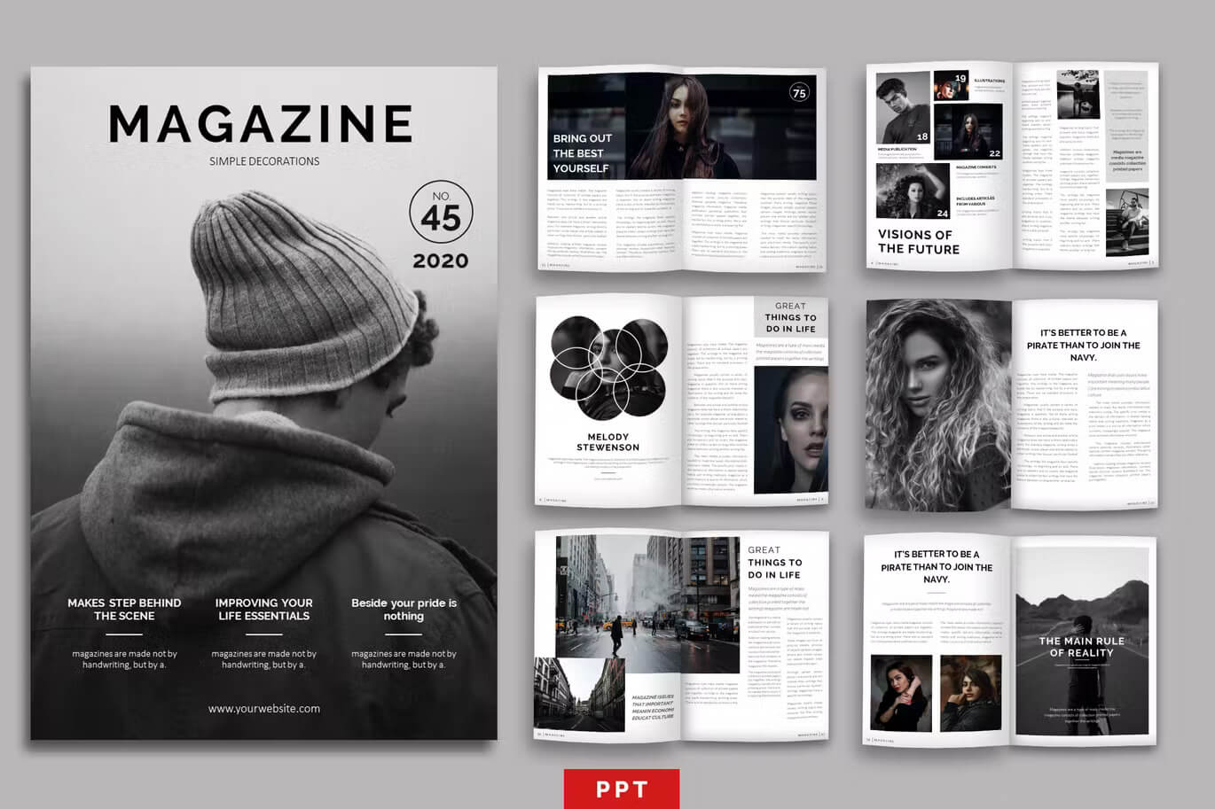 Seven pictures of gray and white magazine page layout templates in PowerPoint.