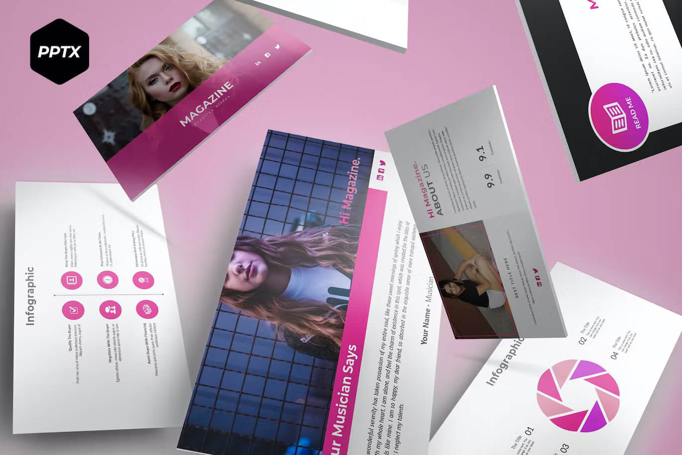Magazine - Powerpoint template with beautiful cards on the pink background.