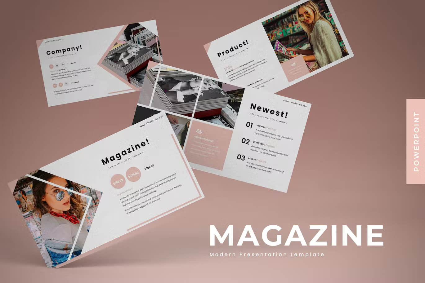 Powerpoint magazine template with flyers in the center and header at the bottom.
