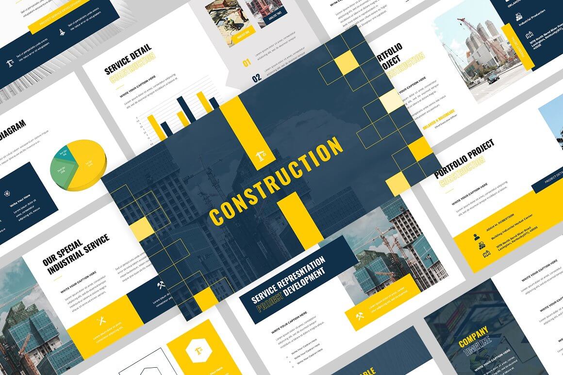 Construction Powerpoint slides in blue-yellow colors on a gray background at an angle.