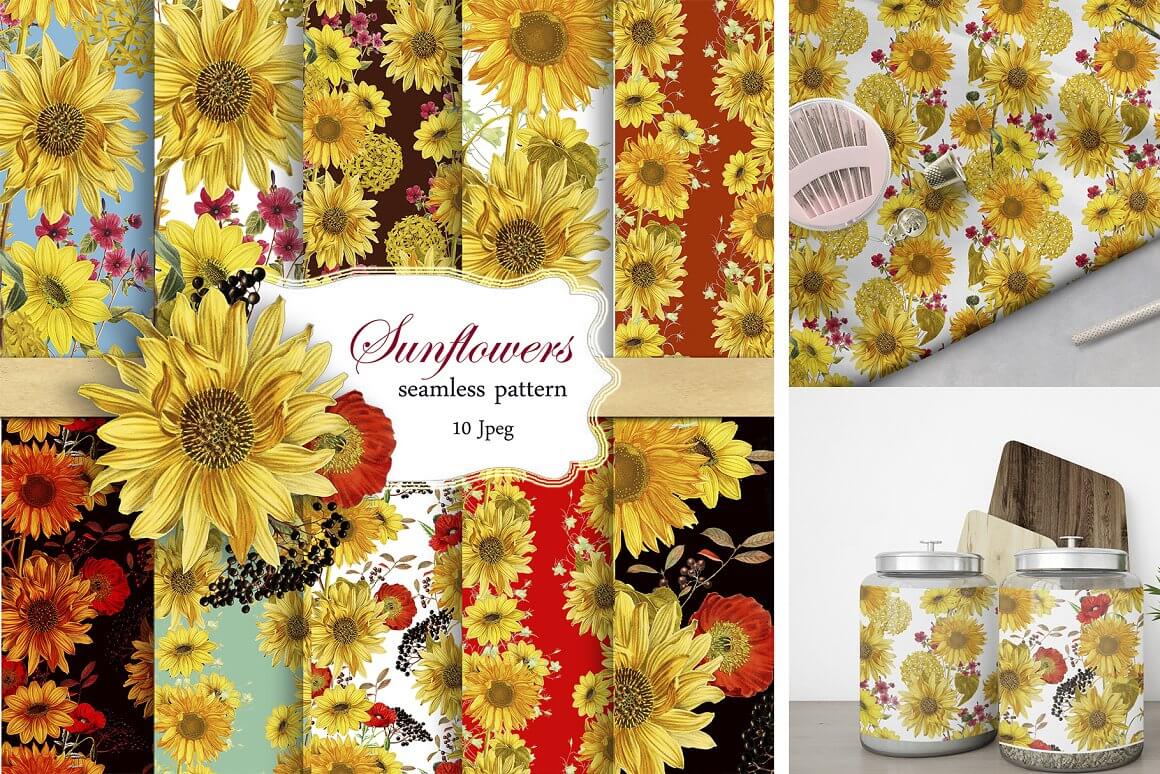 Five color samples with the image of sunflowers.
