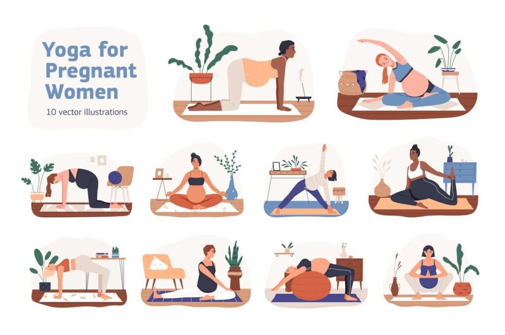 Pregnant Women Practicing Yoga Set Masterbundles