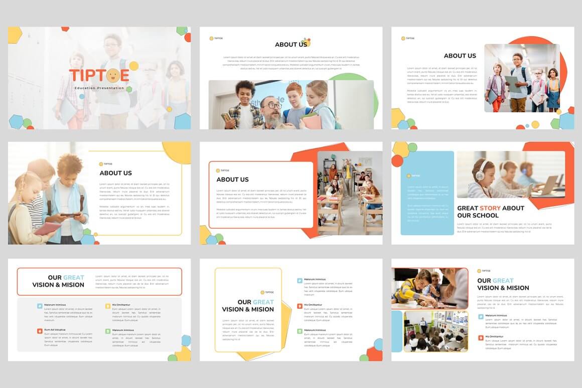 Nine slides with educational templates "Tiptoe Education Presentation" in three columns of three.