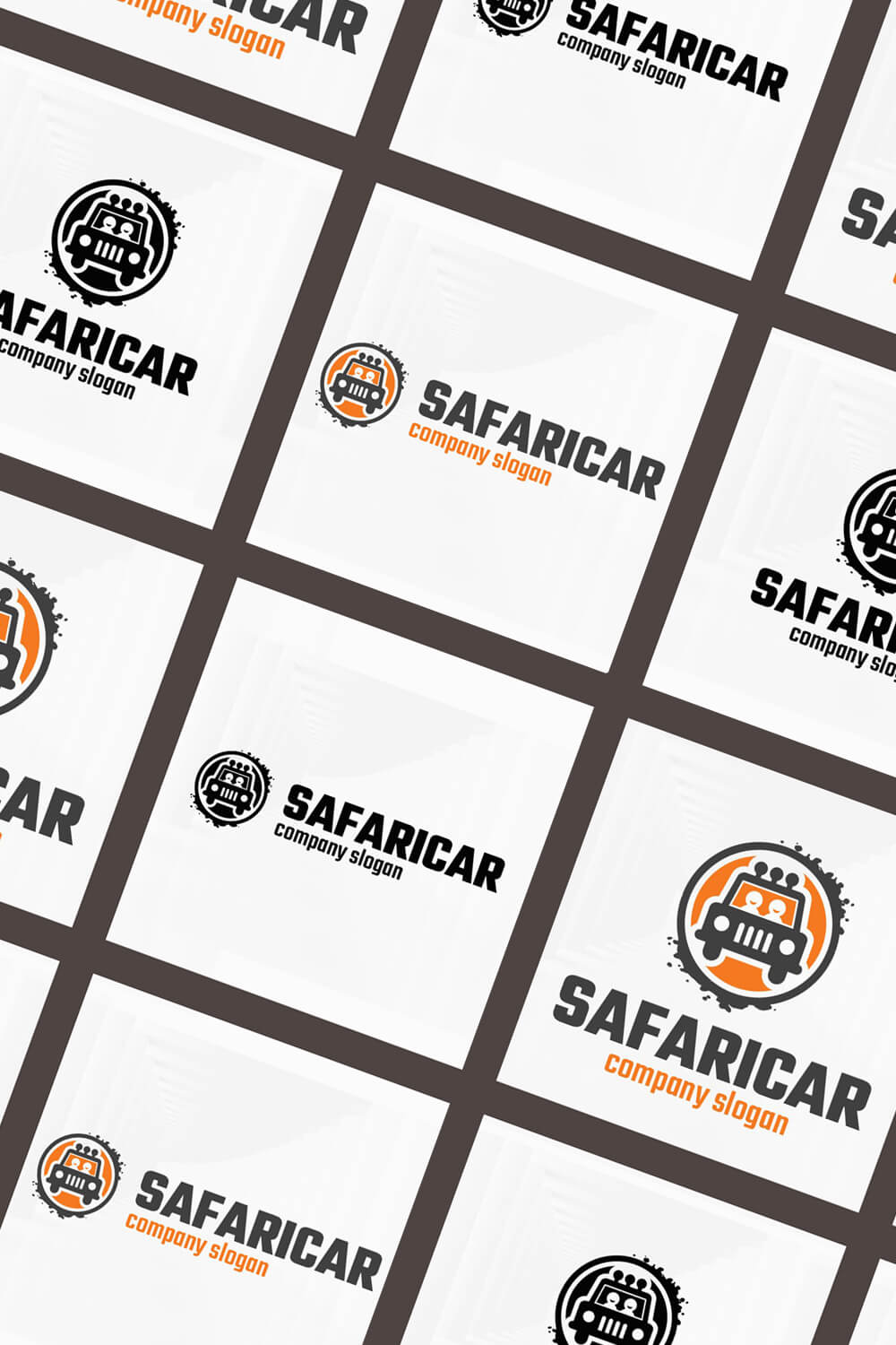 Many Safari car logo templates in squares on a brown background.