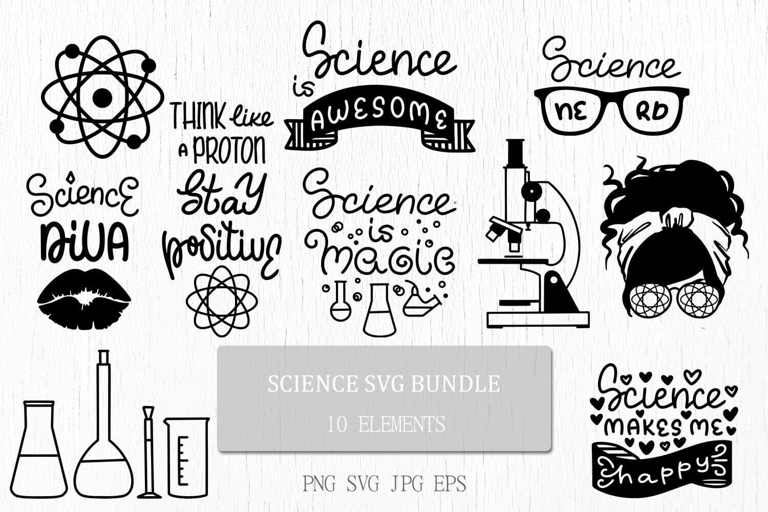 Scientific logos with inscriptions about science and scientific objects.