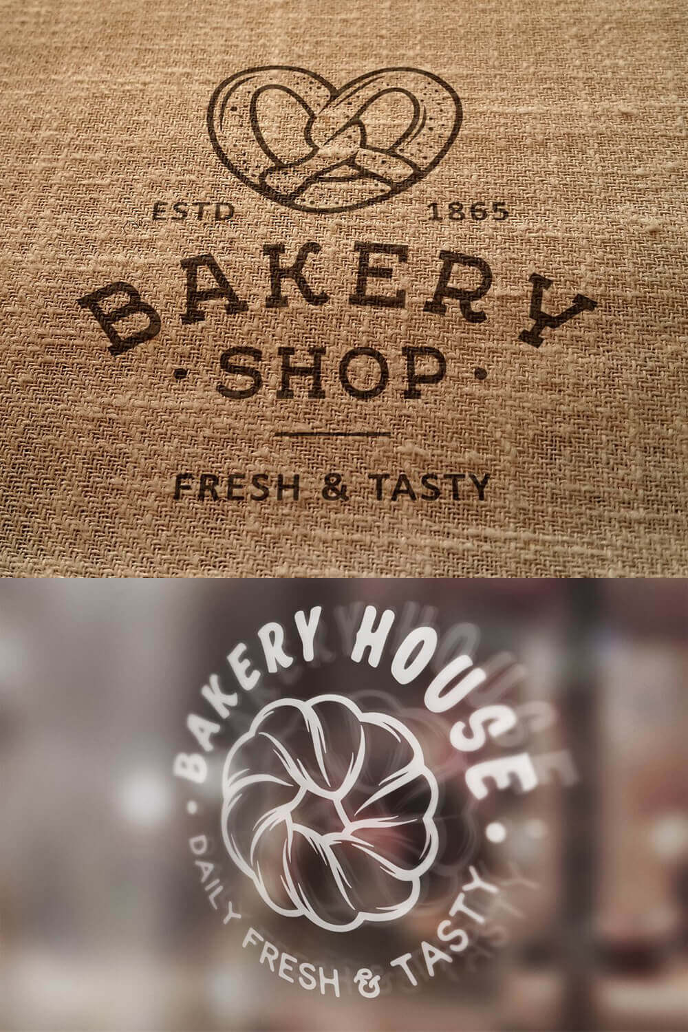 Two logos with elements of a bakery on a background of burlap and a blurred background.
