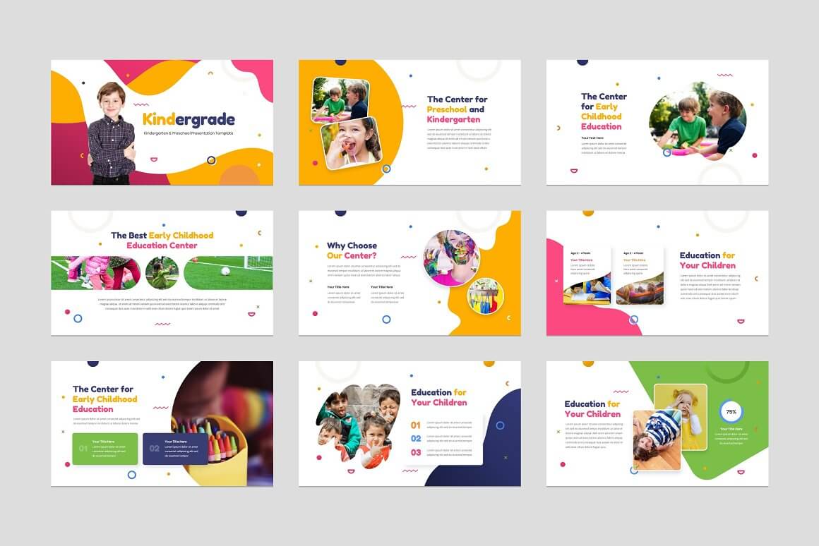 Nine Kindergarten Powerpoint template slides in three rows on a gray background.