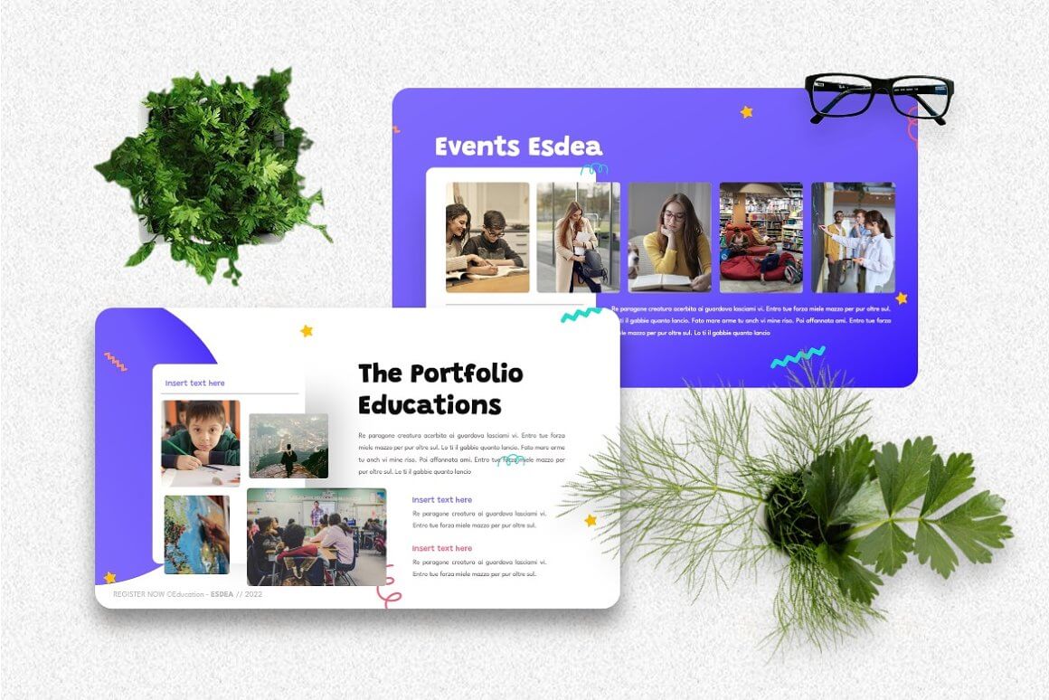 Two slides of the educational program with the headings "Events Esdea", "The Portfolio Education" on a white and blue background.