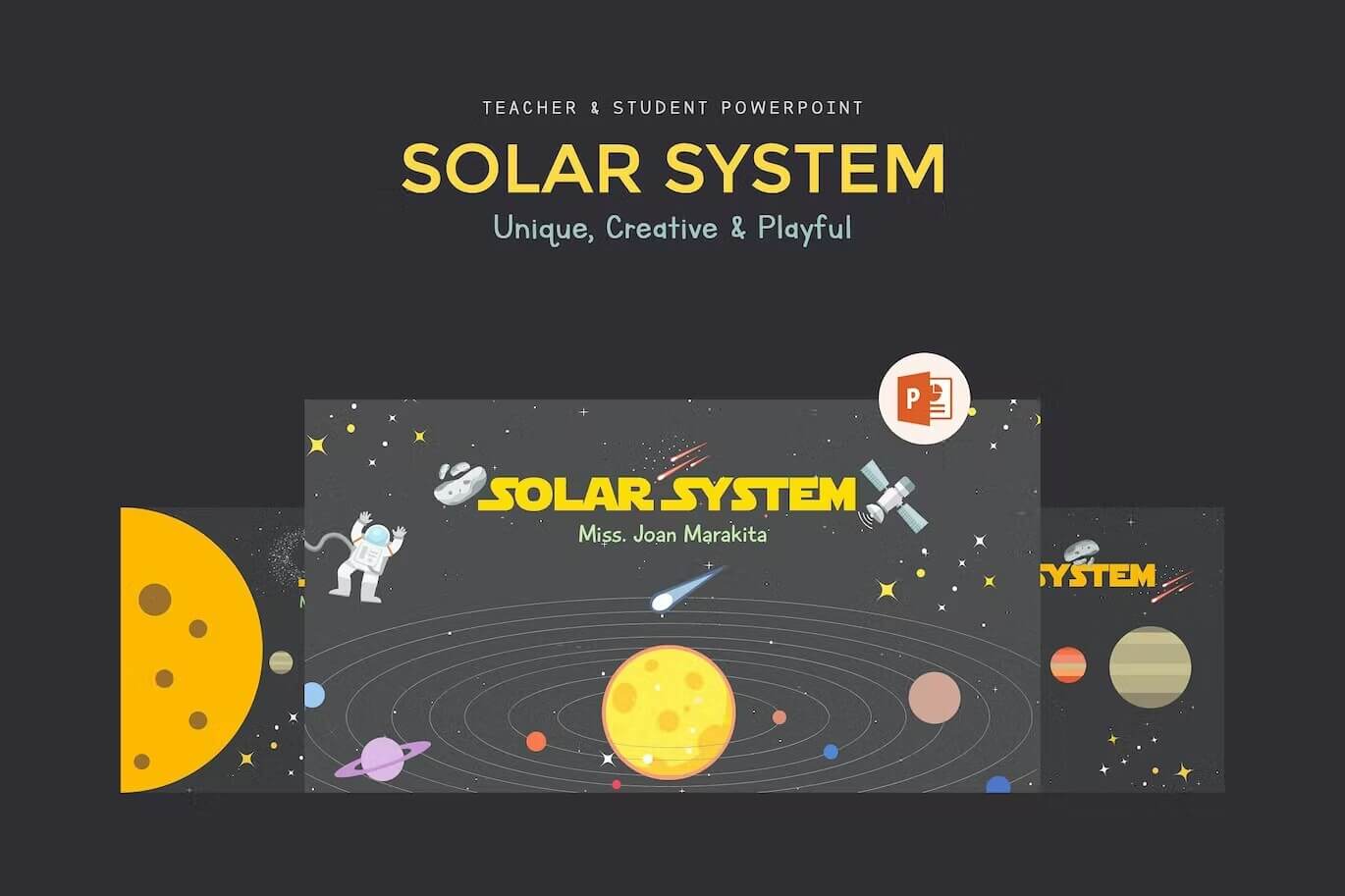 Title page of the presentation "solar system" with the image of planets, cosmonauts.