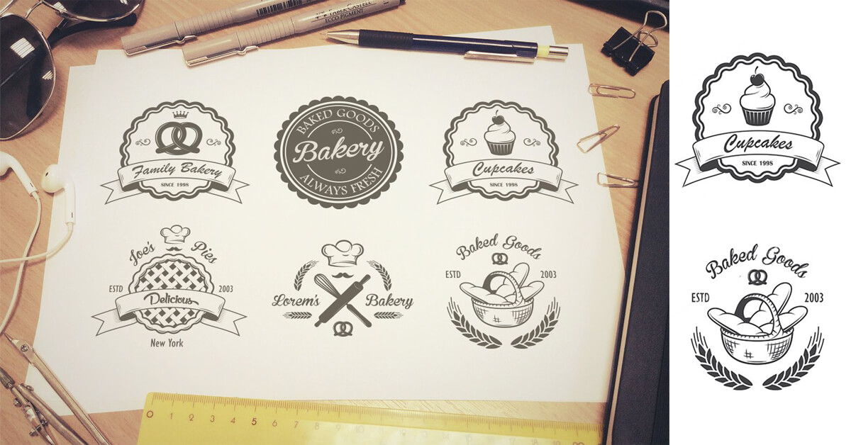 Nine gray bakery vintage emblem logos on white sheet and background.