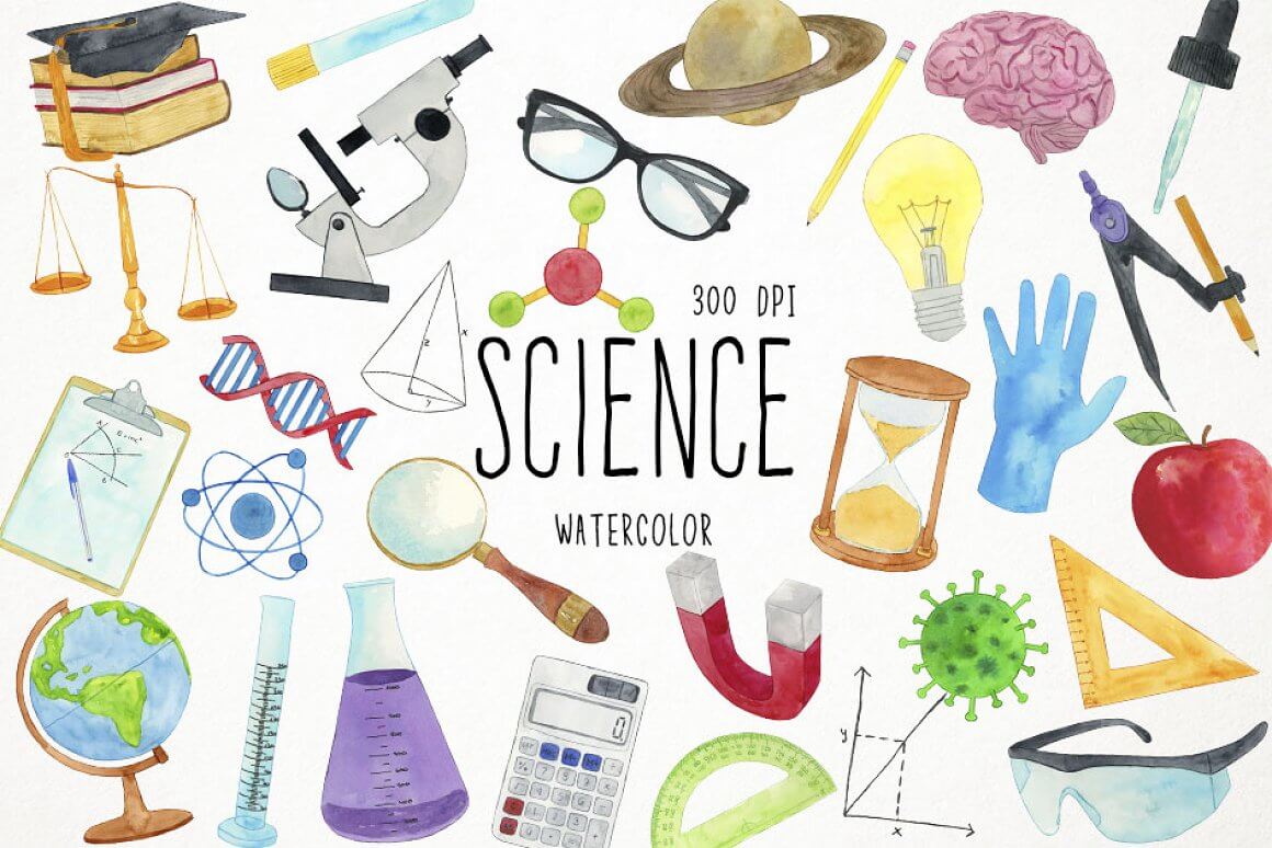 Scientific objects are painted with watercolors.
