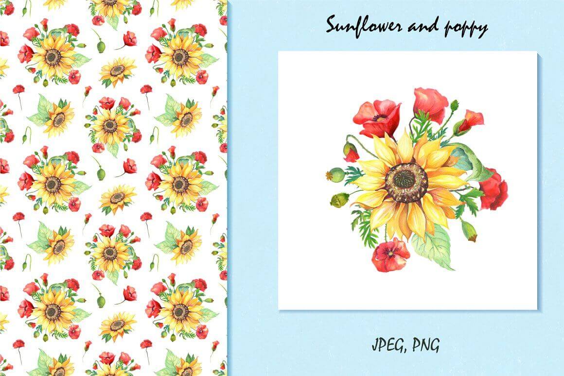 Half picture with seamless pattern with sunflowers and poppies in watercolor and a white card with sunflower and poppies on a blue background.