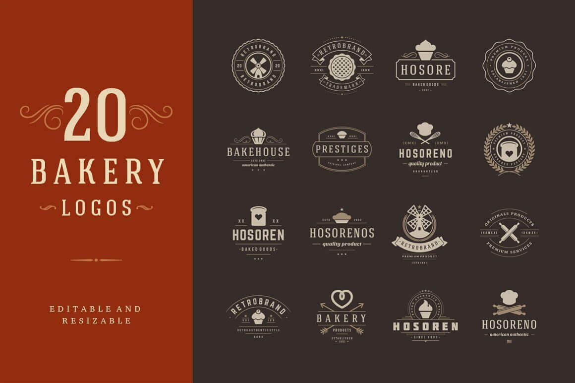 16 vintage bakery logos on a dark brown background and the inscription "20 Bakery Logos" on a red background.