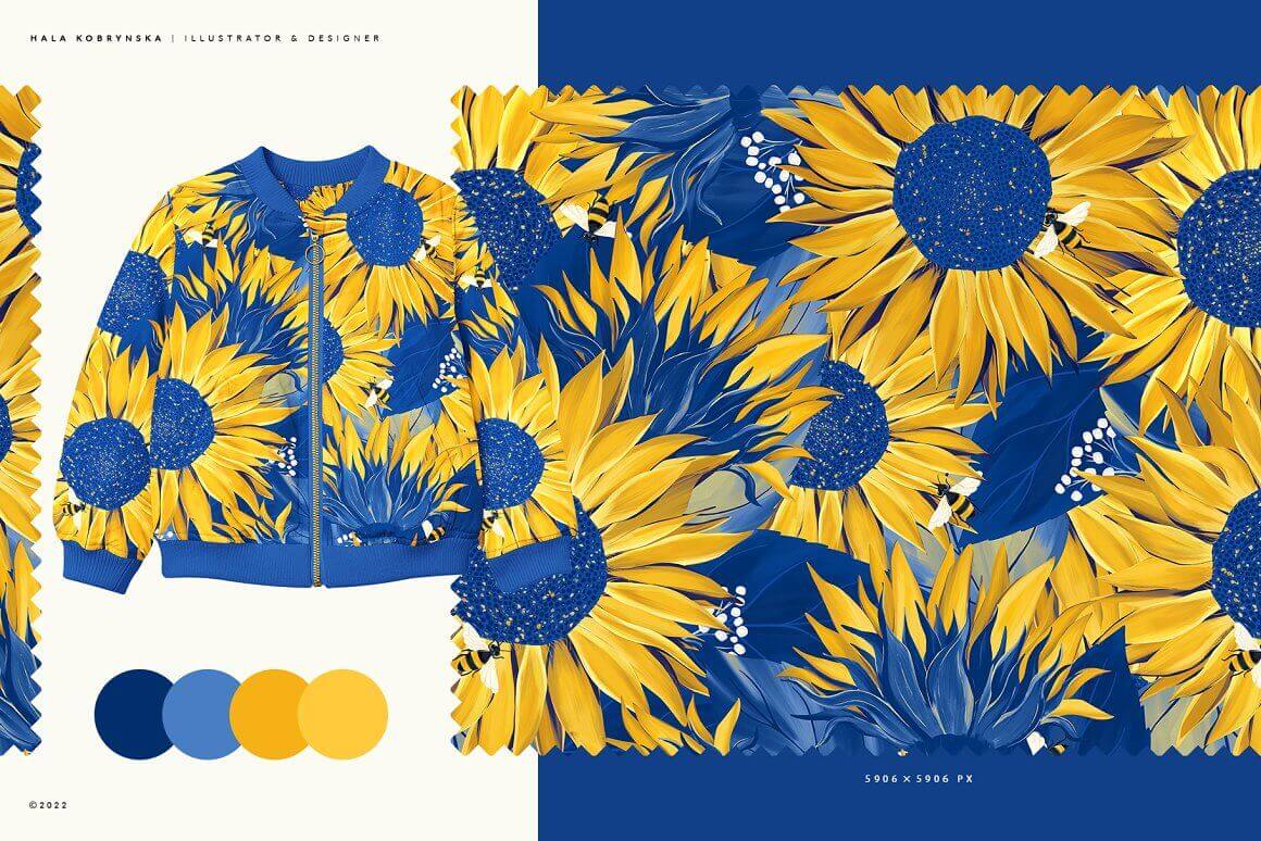 Yellow sunflowers are painted on the blue jacket.