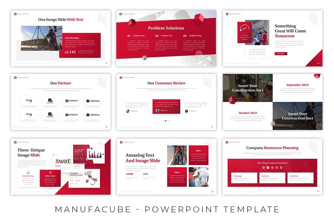 Nine powerpoint construction presentation templates with photos and descriptions.