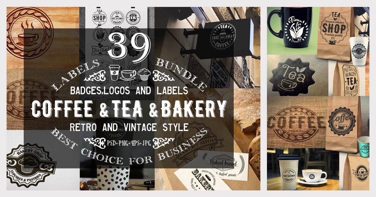 A large horizontal image with tiled logos for a cafe, a bakery and a large logo.