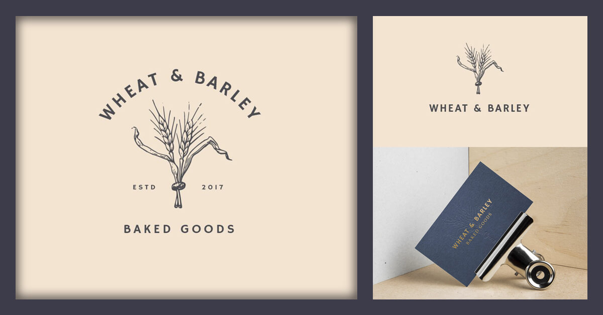 Hand-drawn vintage "Wheat & Barley, Baked Goods" bakery logos on light yellow background and blue business card.