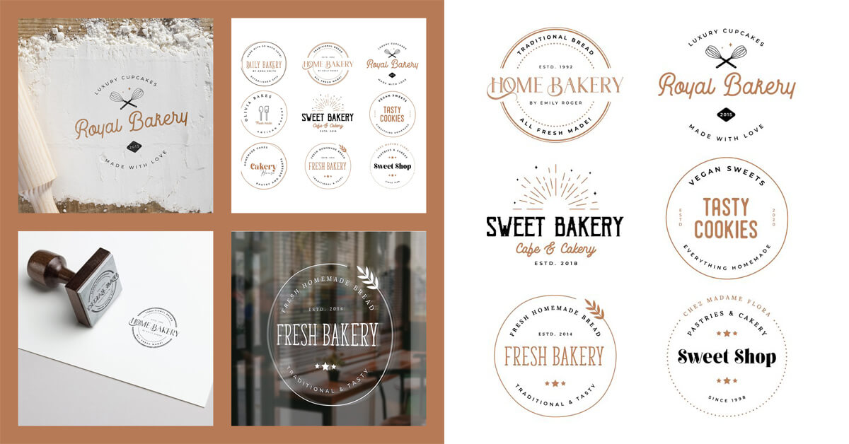 Four bakery logos in squares on an orange background and 9 bakery logos on a white background.