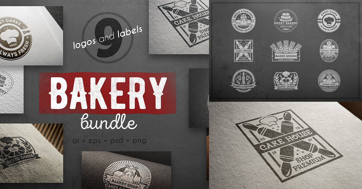 Set of white and silver "9 logos and labels Bakery bundle" logos on a gray background.