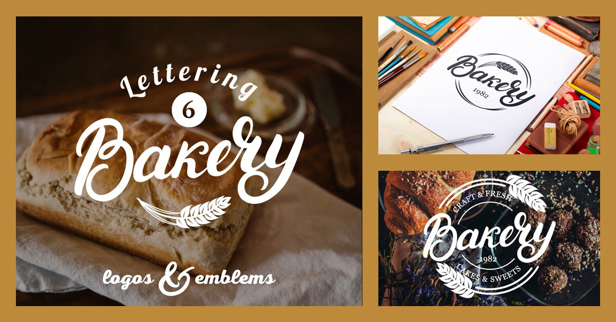 Lettering Bakery logo on a background of fresh buns, loaves and other baked goods.