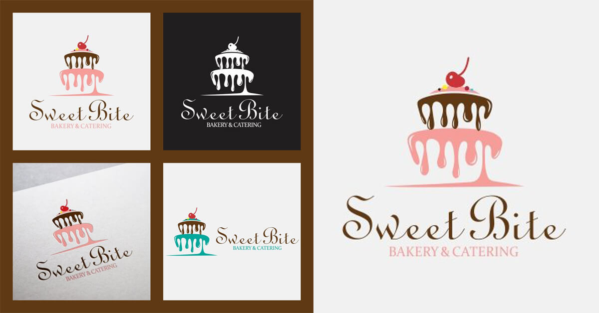 Four "Sweet Bite" logos in brown frames, one large on a white background.