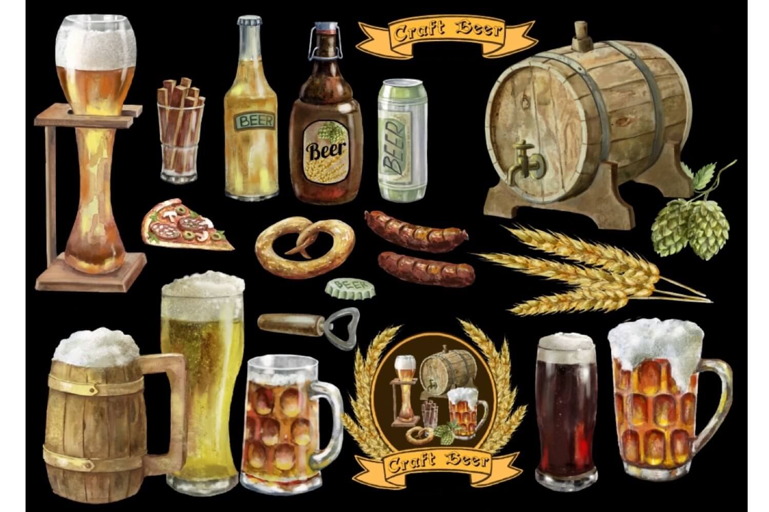 Glasses and bottles with various beers, sausages and everything needed for beer are depicted on a black background.