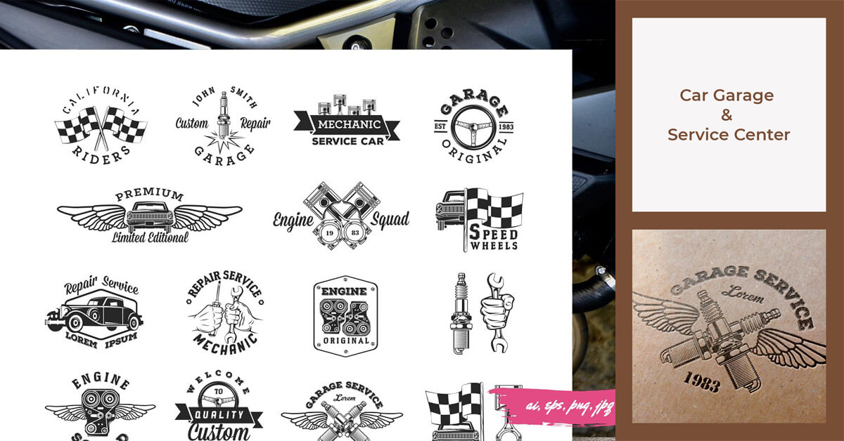 Sixteen black and white service center themed logos on a white background and two squares on the right "Car Garage & Service Center".