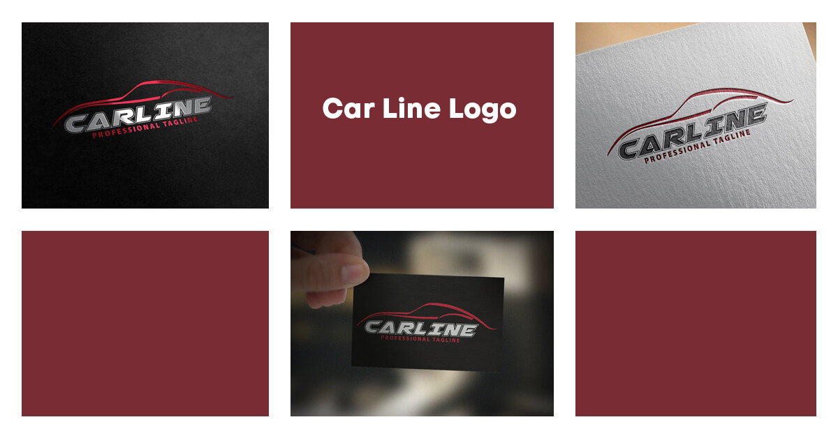 Six cards with car line logos on black, burgundy and gray backgrounds.