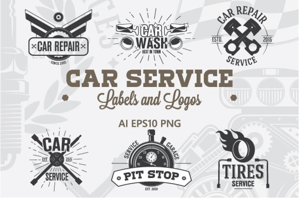 Six car service labels and logos on a gray background.