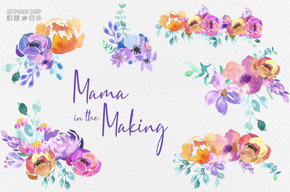 The inscription "Mama in the making" and a watercolor image of flowers.