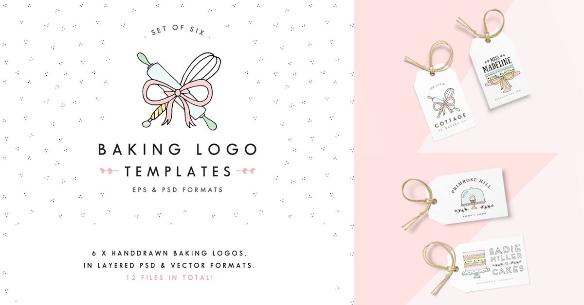 Large confectionery logo on a white background, four tags of the same theme.