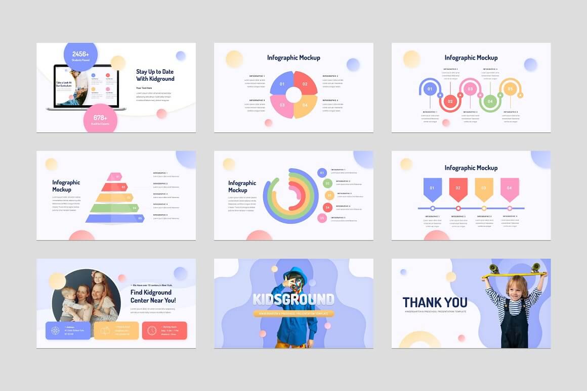 Nine preschool templates with graphs and charts "Stay Up to Date With Kidground", "Infographic Mockup", "Find Kidground Center Near You".