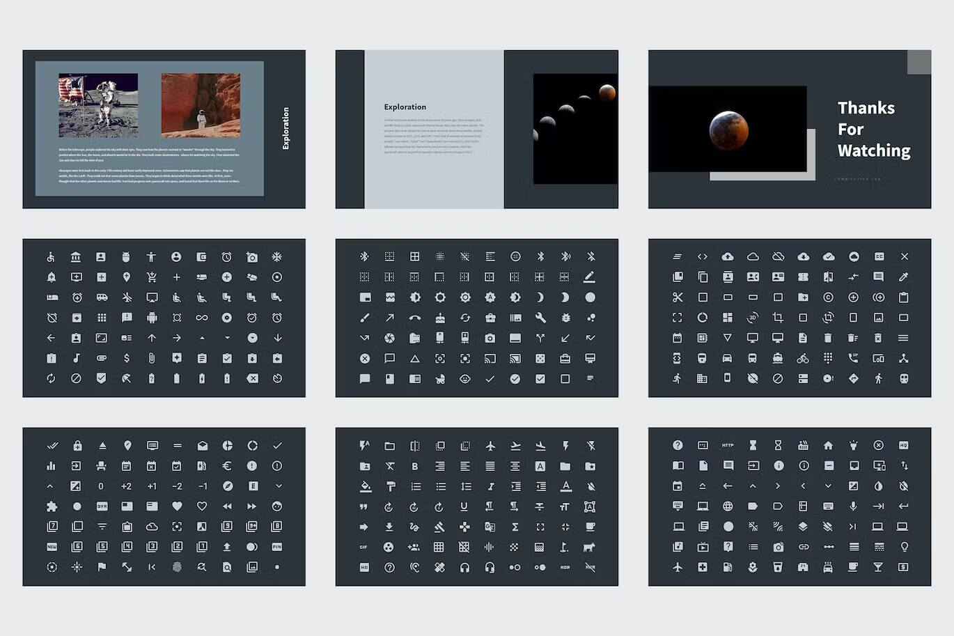 White icons of Lumino - Solar System Education Powerpoint on the dark background.