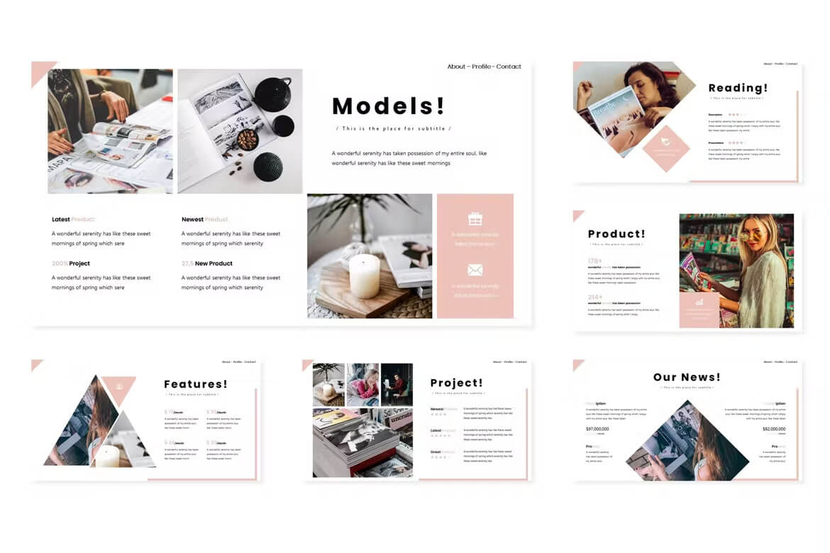 Powerpoint magazine template with six sheets.