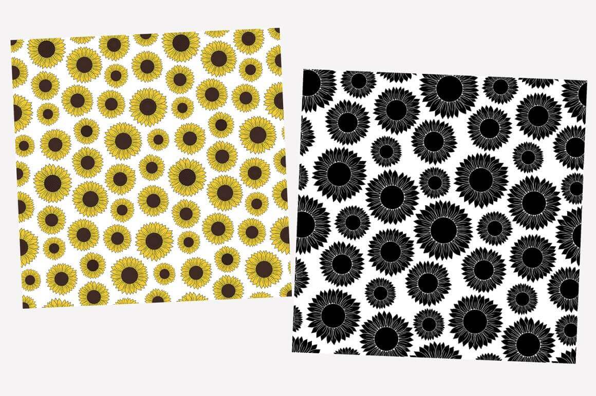 Two seamless patterns with yellow and black sunflowers on a white background.