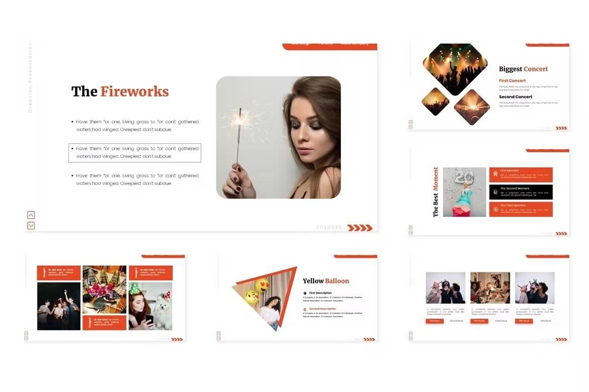 Information of the fireworks and ballons of Party Started - Powerpoint Template.