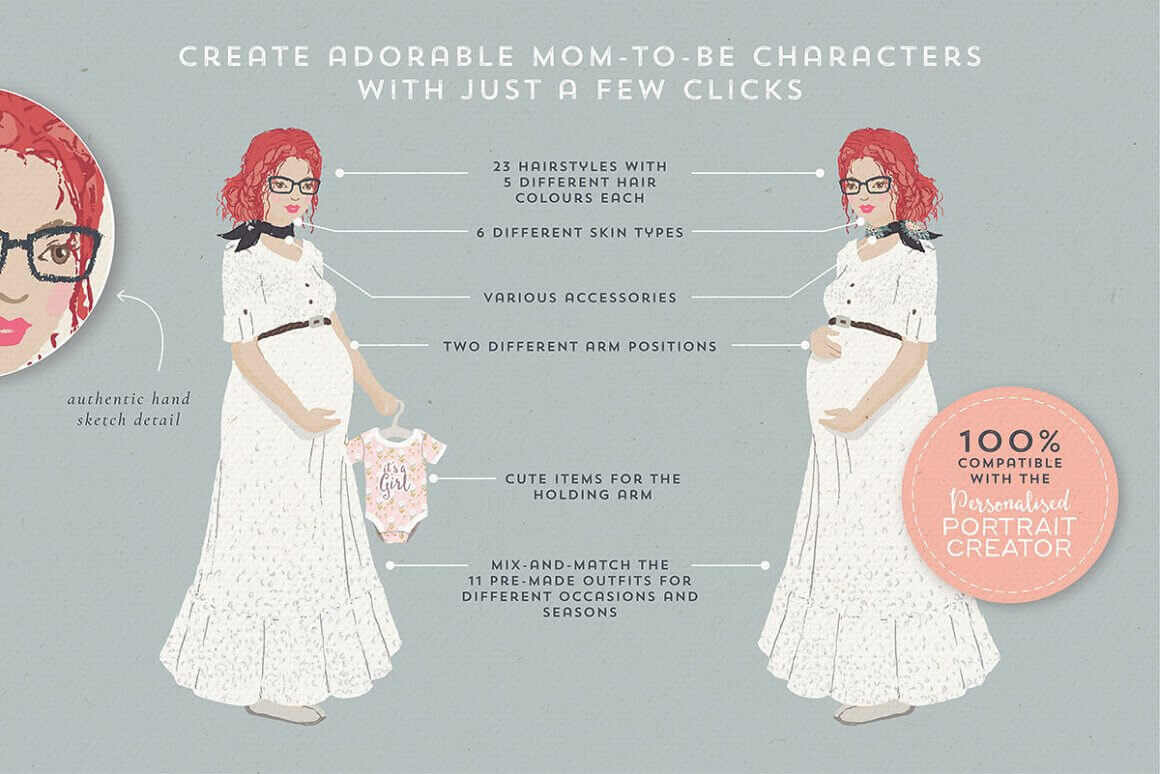 Create adorable mom-to-be characters with just a few clicks.