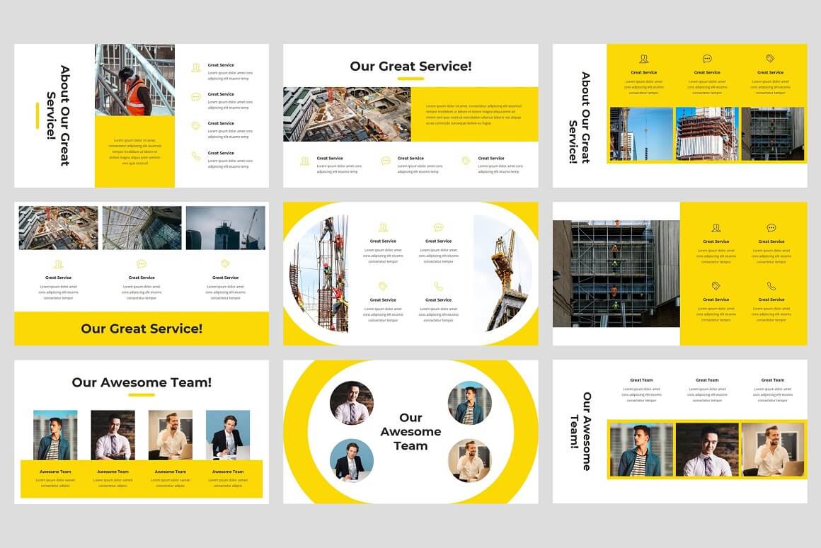 9 building PowerPoint slides "Our Great Service" in three rows.