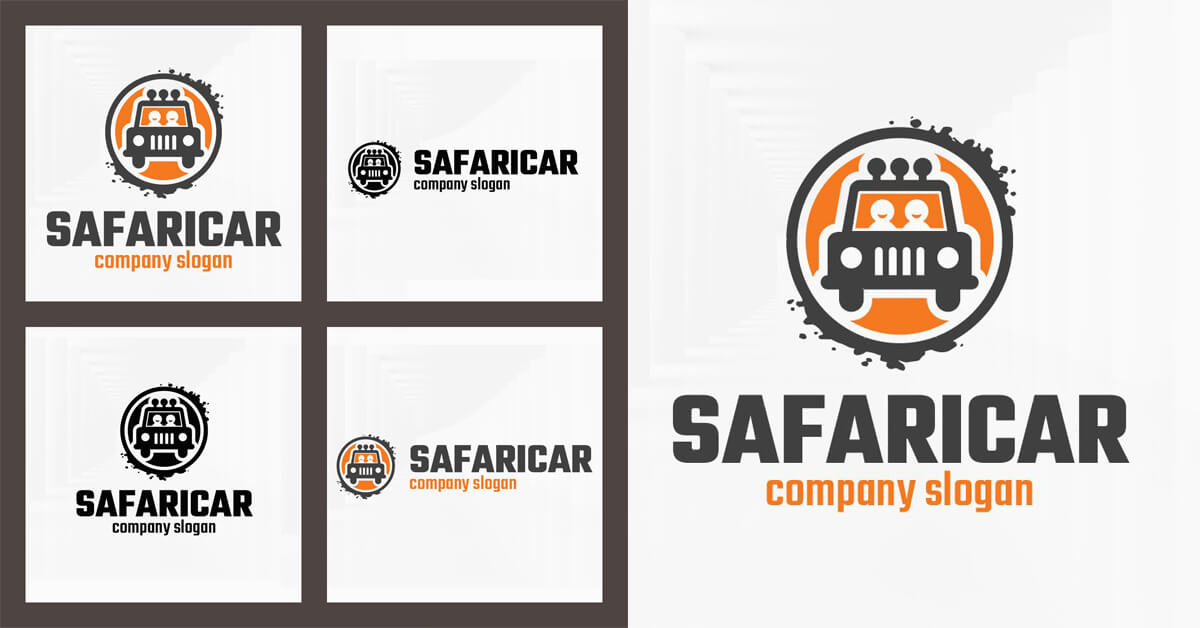 Four Safari car logo templates on the left side of the image and a large logo on the right.