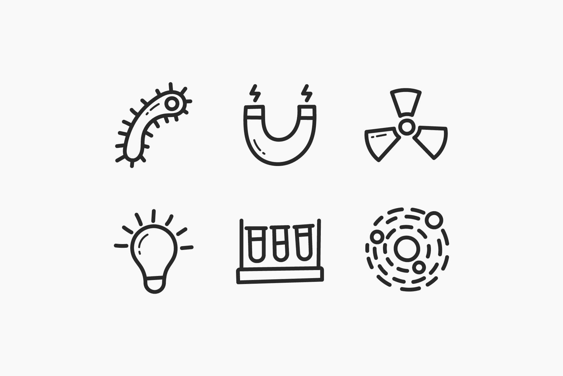 6 small icons related to chemistry.