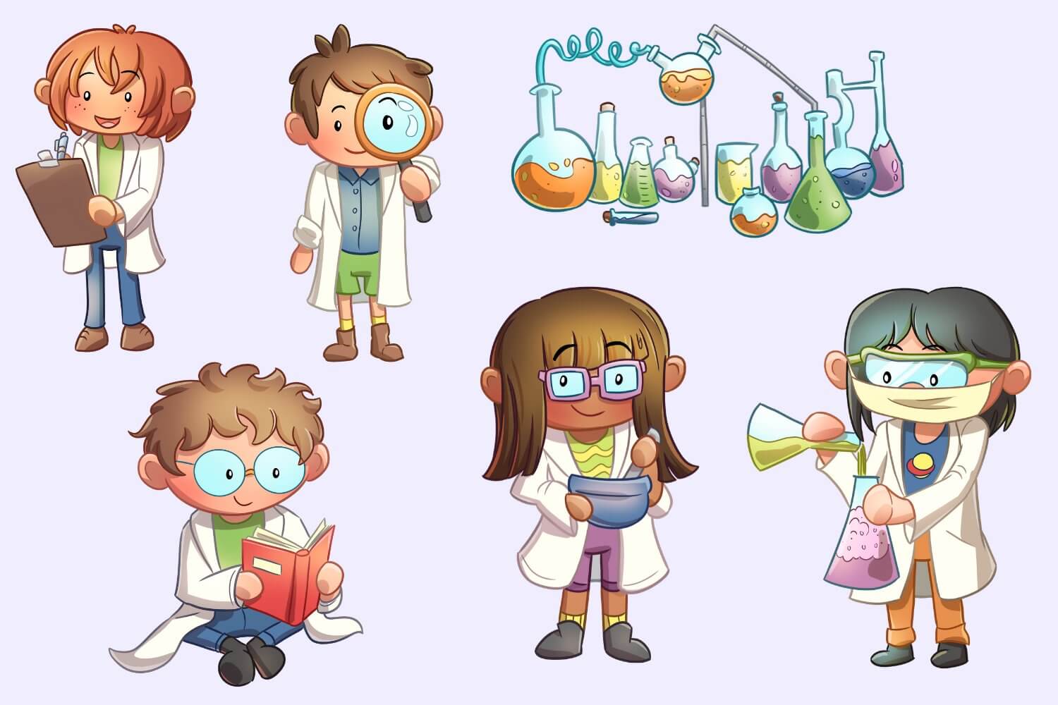 A collection of drawn scientists, boys and girls, who enjoy science.