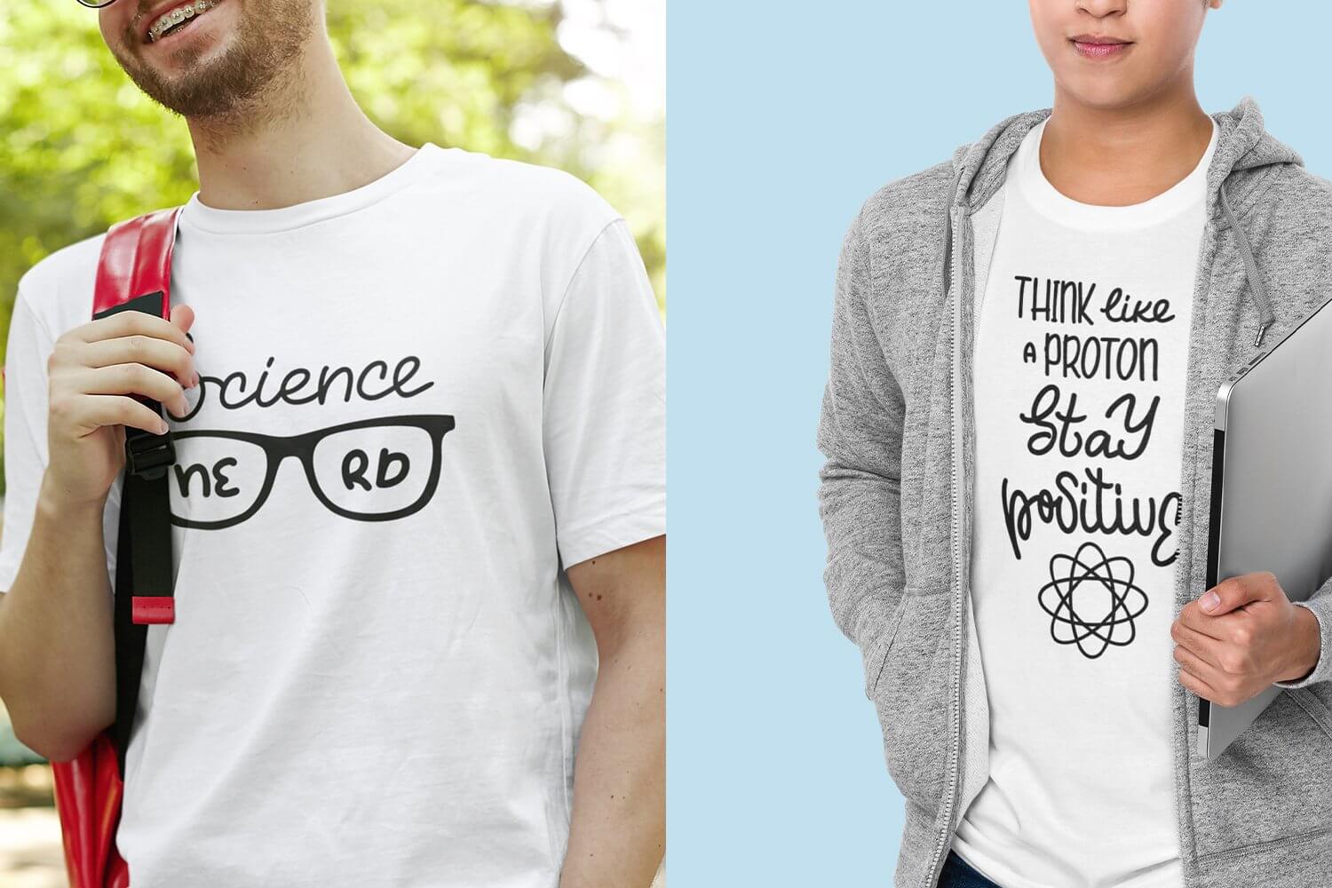 Science logos painted on a white t-shirts.