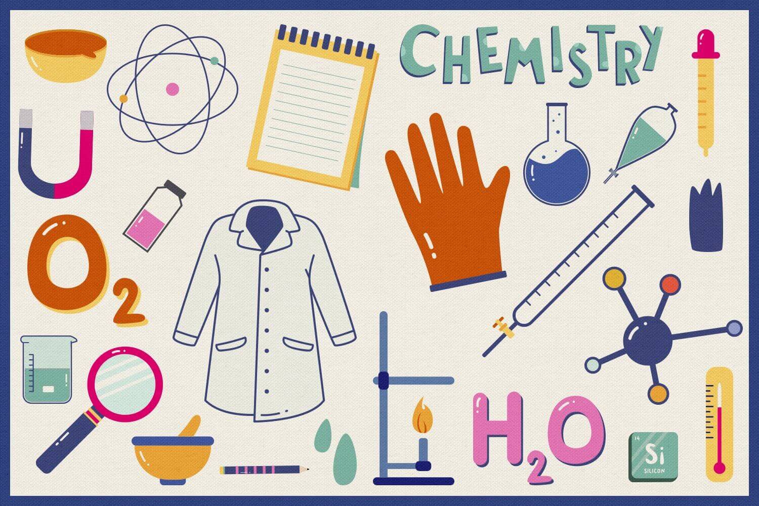 Drawings of molecules, a magnifying glass, a pencil, chemical elements - everything related to chemistry.