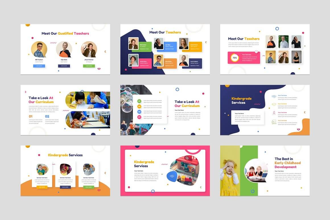 Nine slides with kindergarten templates in Powerpoint "Meet Our Qualified Teachers", "Meet Our Teachers" in three rows on a gray background.