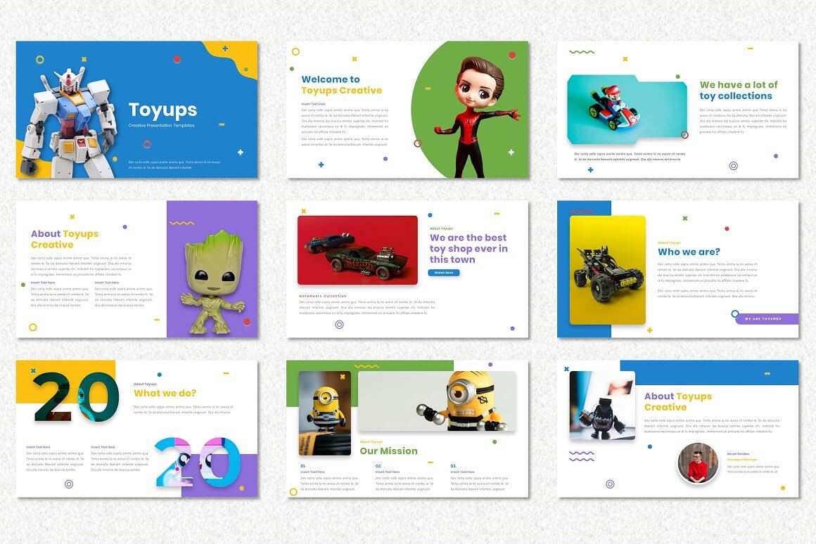 Nine business cards with PowerPoint slides for Toyups children's toys with headings.