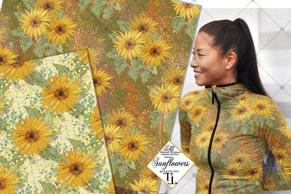 Seamless pattern with sunflowers on the fabric and clothes on the model.